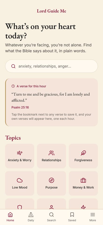 The Home screen, with a search box and a verse for this hour