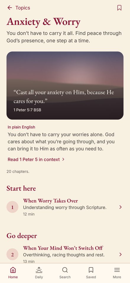 The Anxiety and Worry topic page with a key verse and chapters